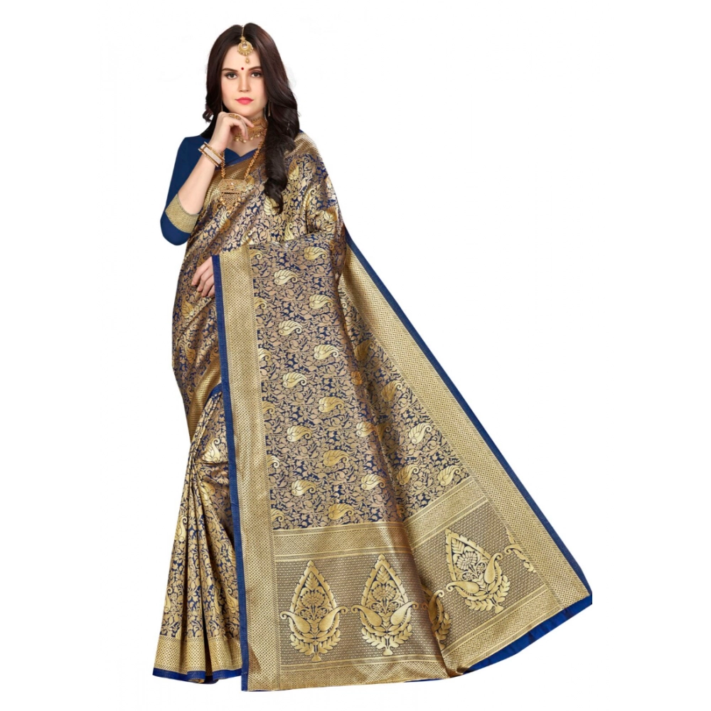 generic women's banarasi silk saree with blouse (navy blue, 5 6mtr)