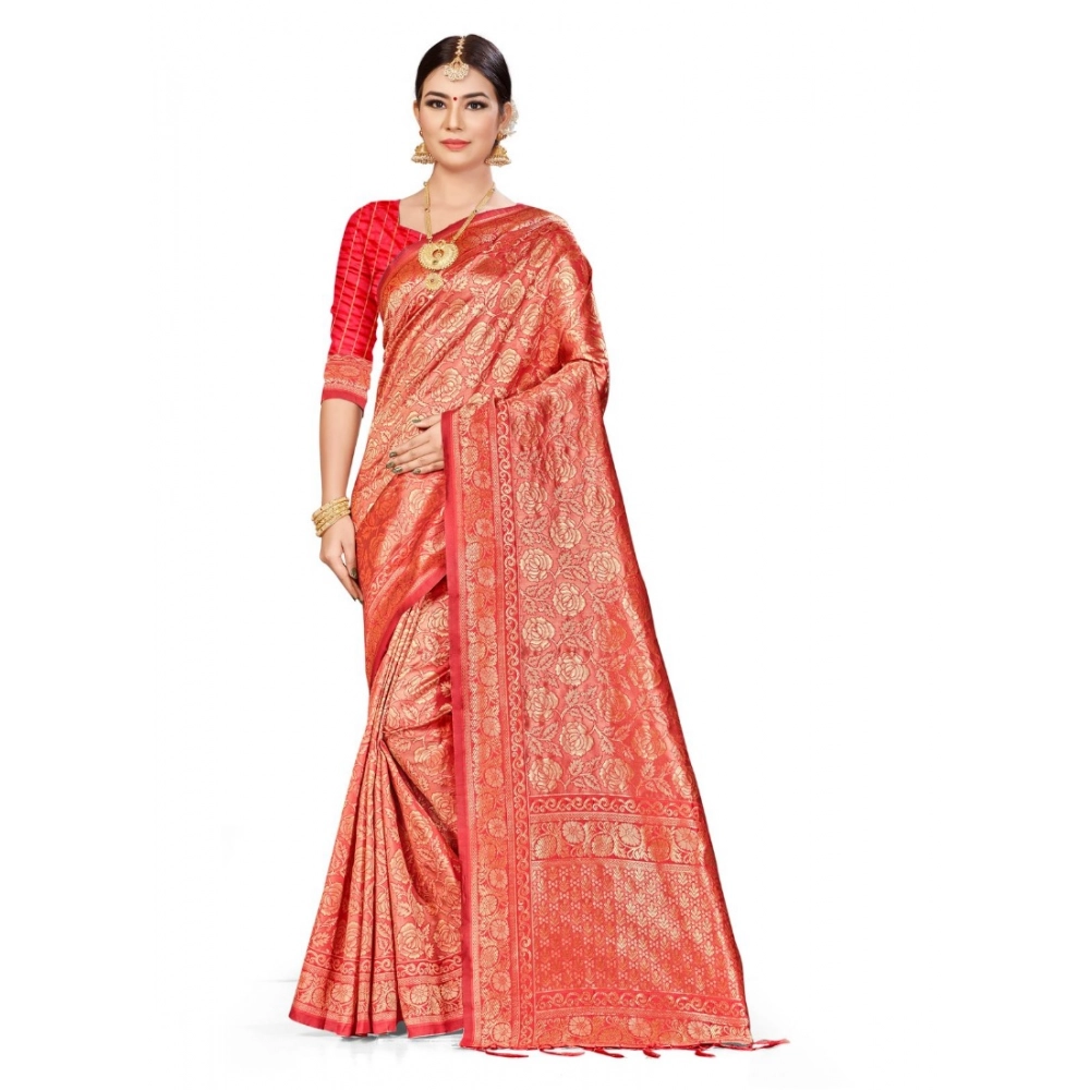 generic women's banarasi silk saree (peach,5 6 mtrs)