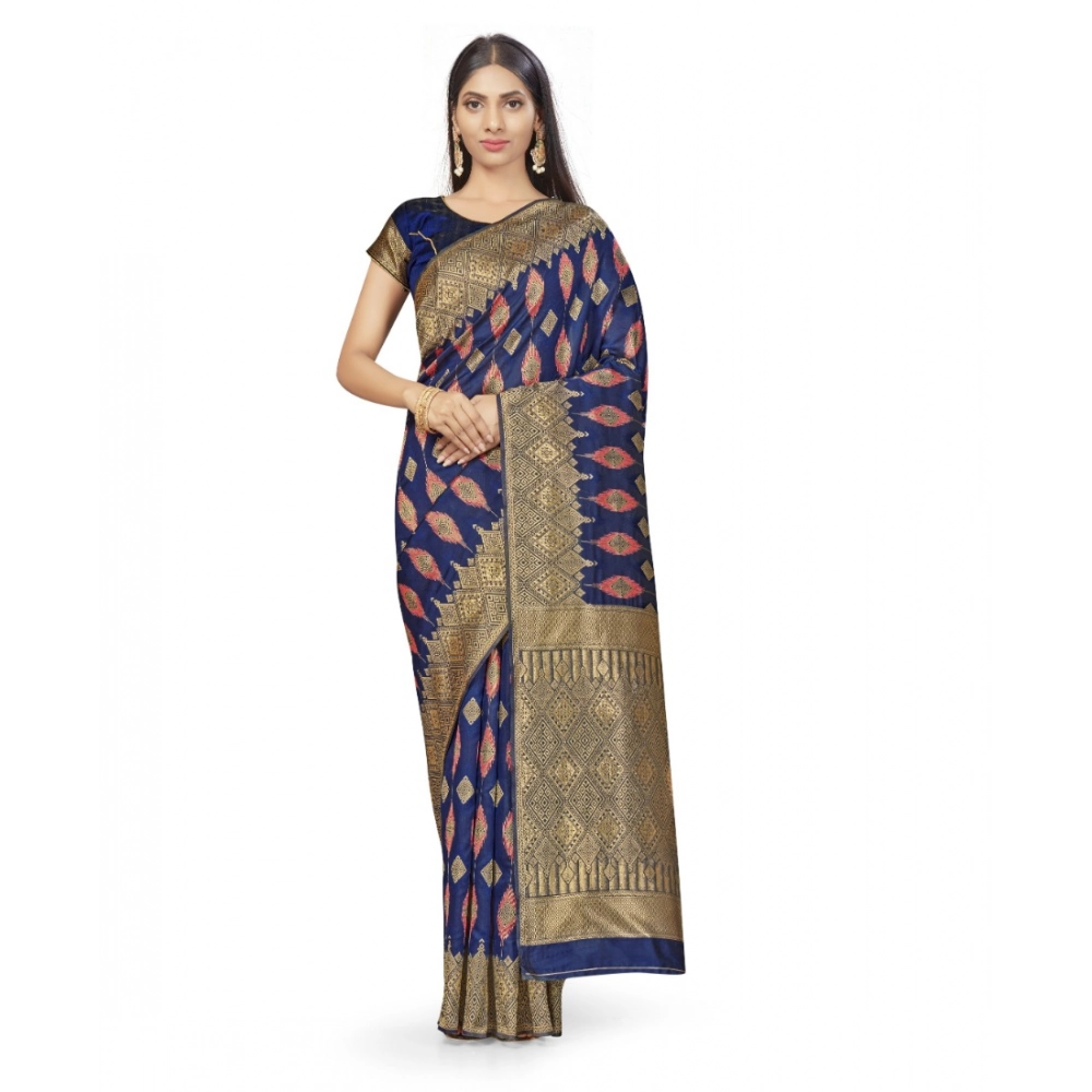generic women's banarasi silk saree with blouse (navy blue, 5 6mtrs)