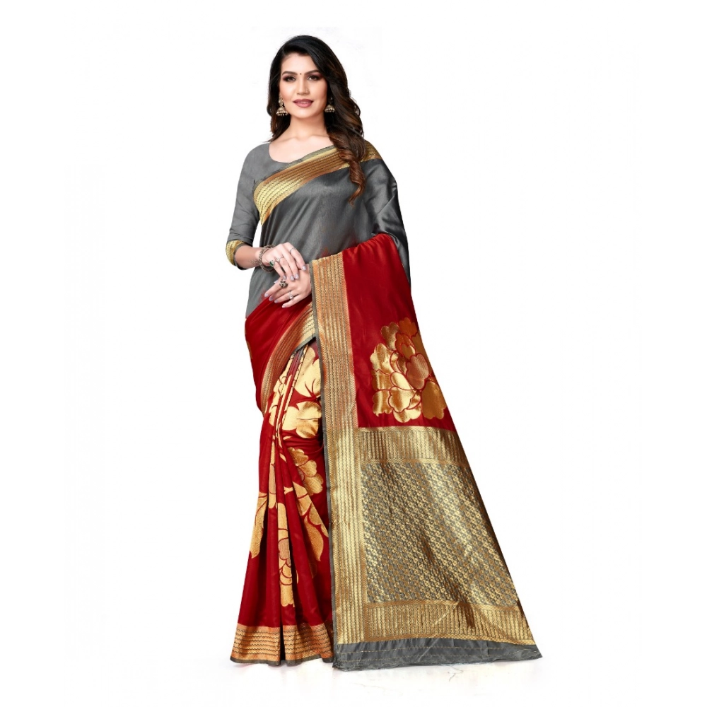 generic women's banarasi silk saree with blouse (grey, red, 5 6mtrs)