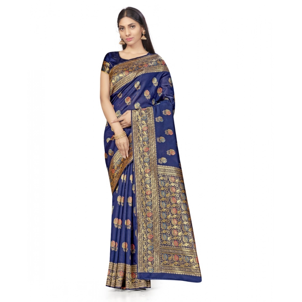 generic women's banarasi silk saree with blouse (navy blue, 5 6mtrs)