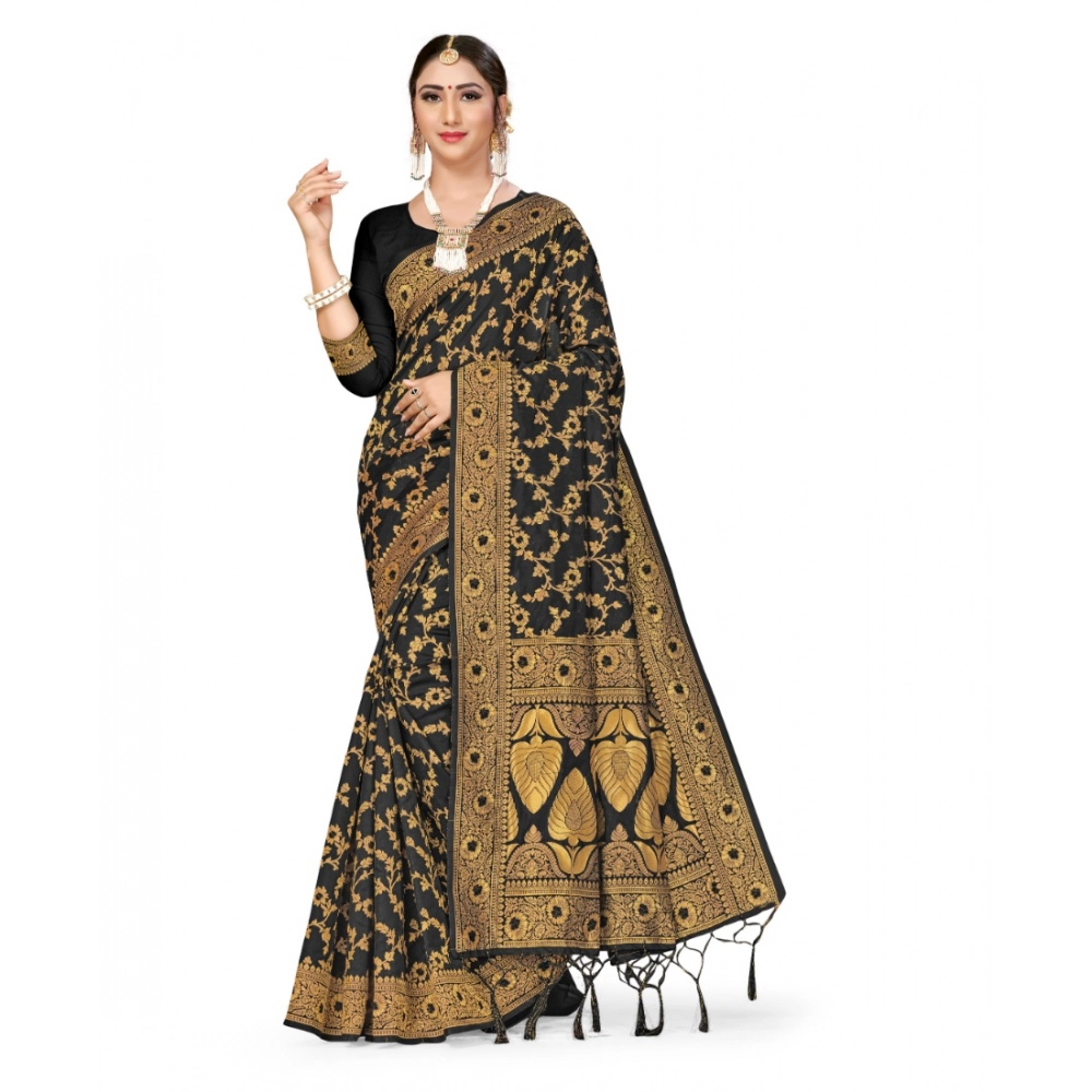 generic women's banarasi silk saree with blouse (black, 5 6mtrs)