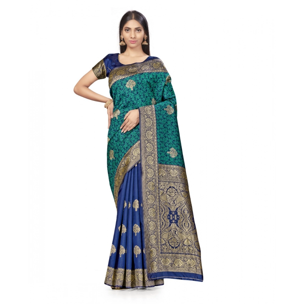 generic women's banarasi silk saree with blouse (navy blue, rama, 5 6mtrs)