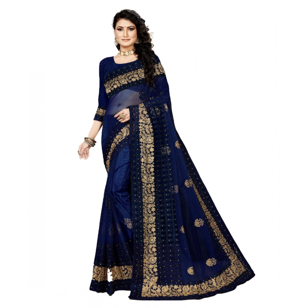 generic women's net saree with blouse (navy blue, 5 6mtrs)