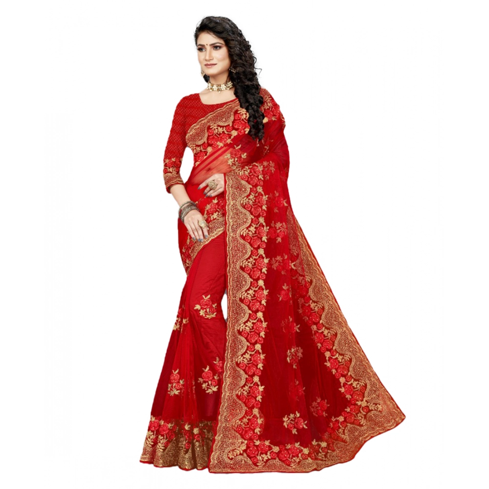 generic women's net saree with blouse (red, 5 6mtrs)