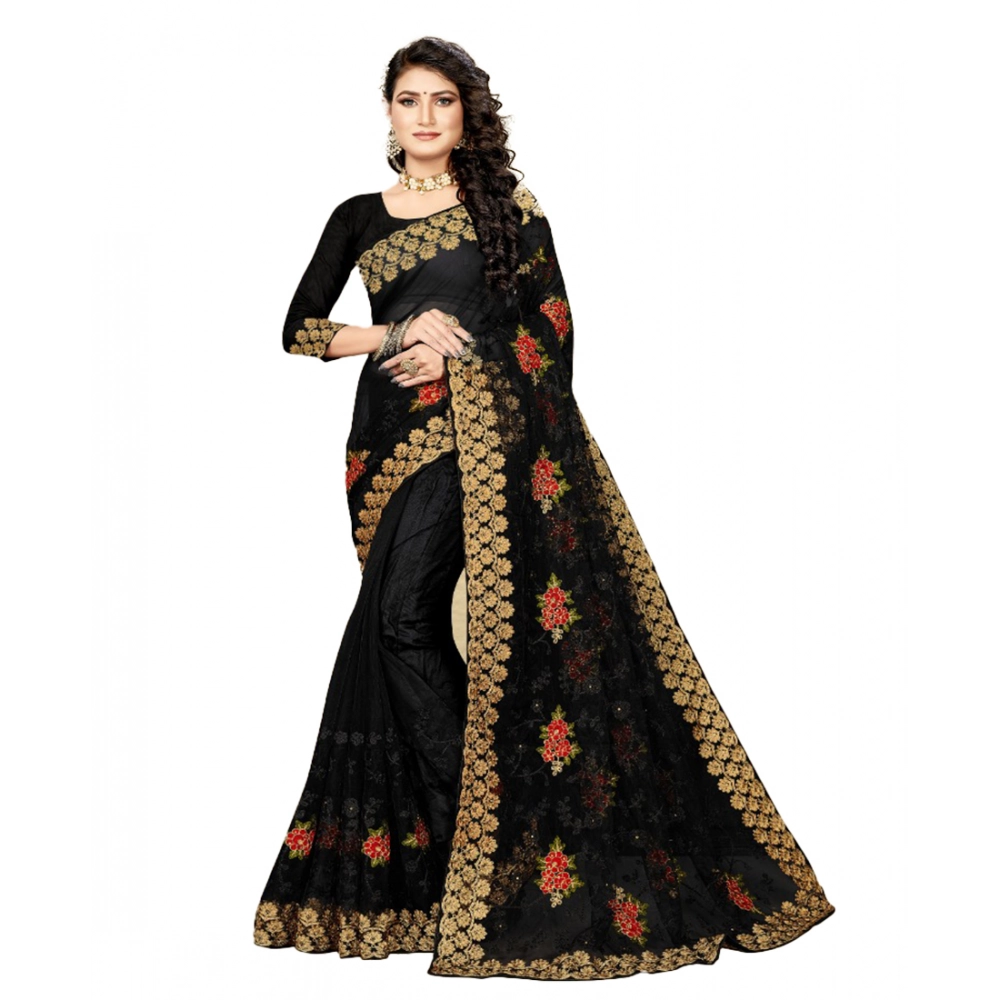 generic women's net saree with blouse (black, 5 6mtrs)