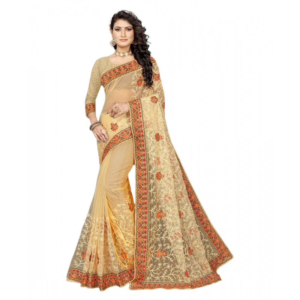 generic women's net saree with blouse (chiku, 5 6mtrs)