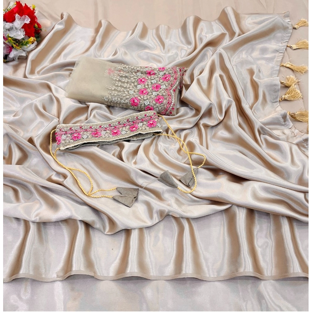 generic women's satin solid saree with unstitched blouse (beige, 5 5 mtrs)