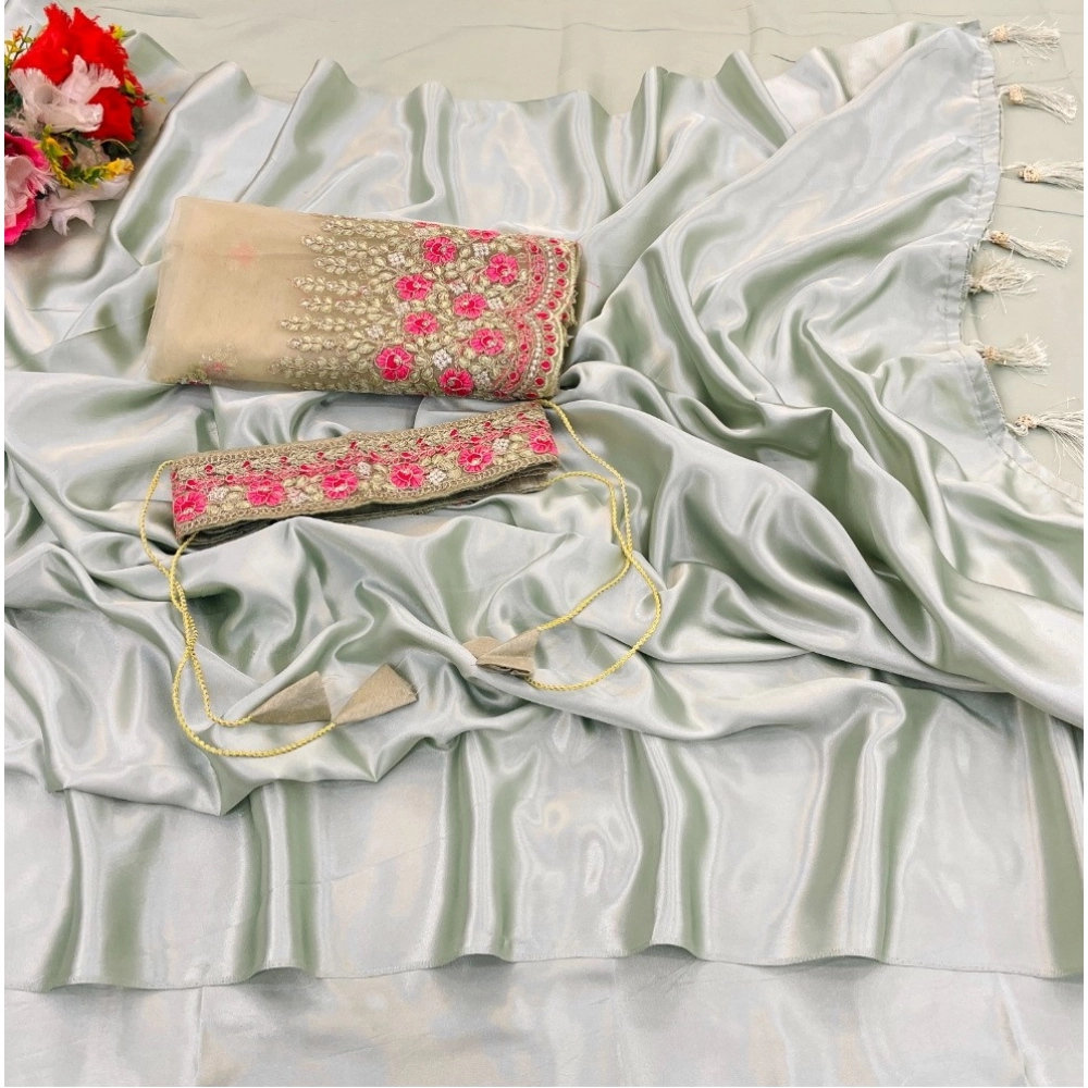 generic women's satin solid saree with unstitched blouse (offwhite, 5 5 mtrs)