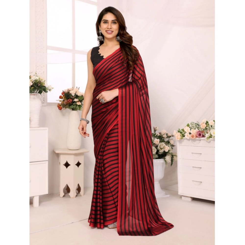 generic women's black berry striped ready to wear saree with unstitched blouse 5.5 mtr (red black)
