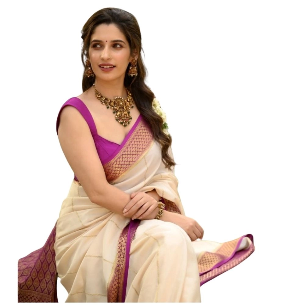 generic women's silk printed saree with unstitched blouse 5.5mtr (off white pink)
