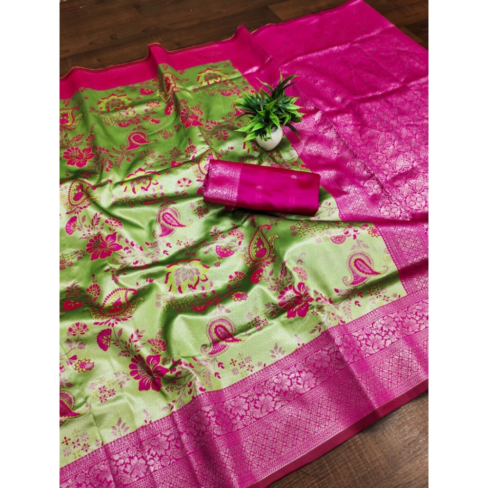 generic women's banarasi jacquard printed saree with unstitched blouse 5.5mtr (mehendi green)
