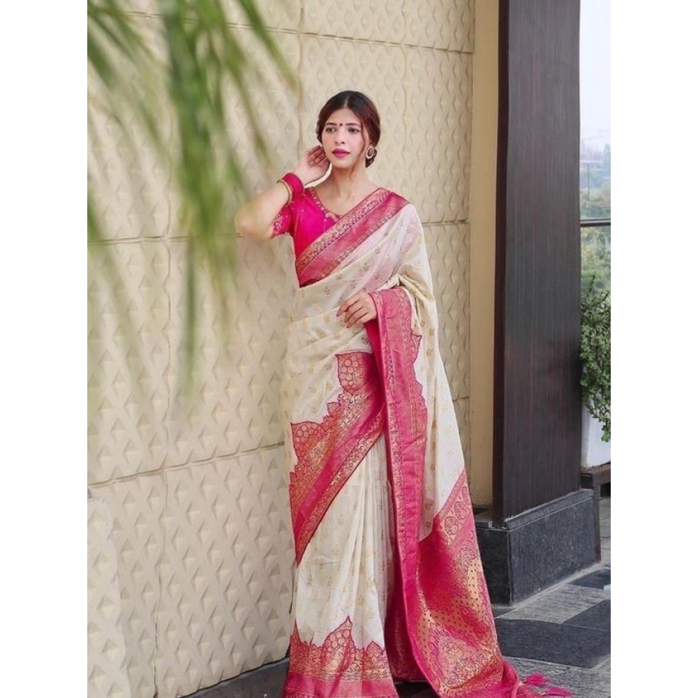 generic women's litchi silk printed saree with unstitched blouse (half white)