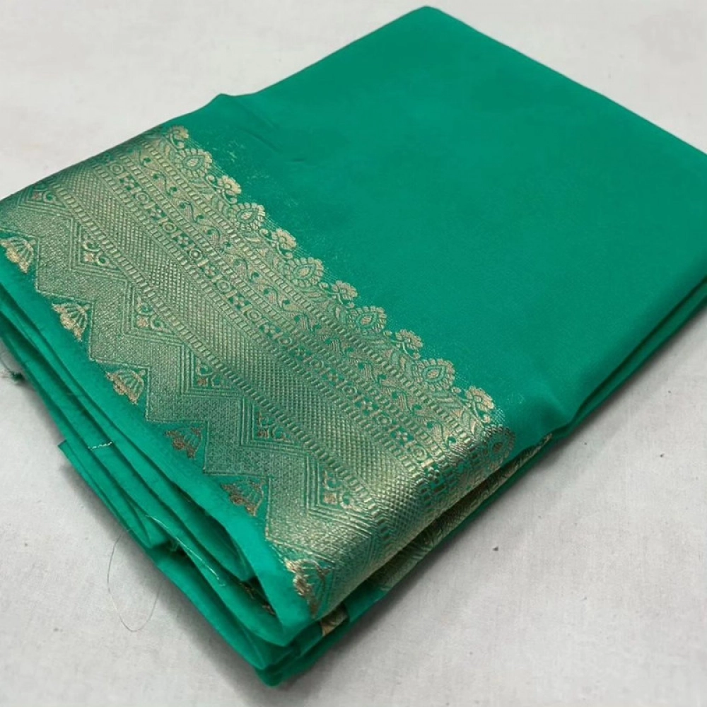 generic women's crepe chit pallu solid saree with unstitched blouse 5.5mtr (turquoise green)
