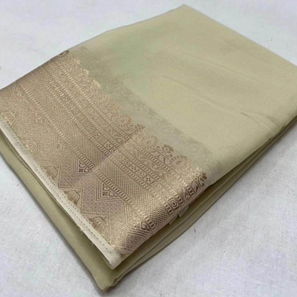 generic women's crepe chit pallu solid saree with unstitched blouse 5.5mtr (beige)