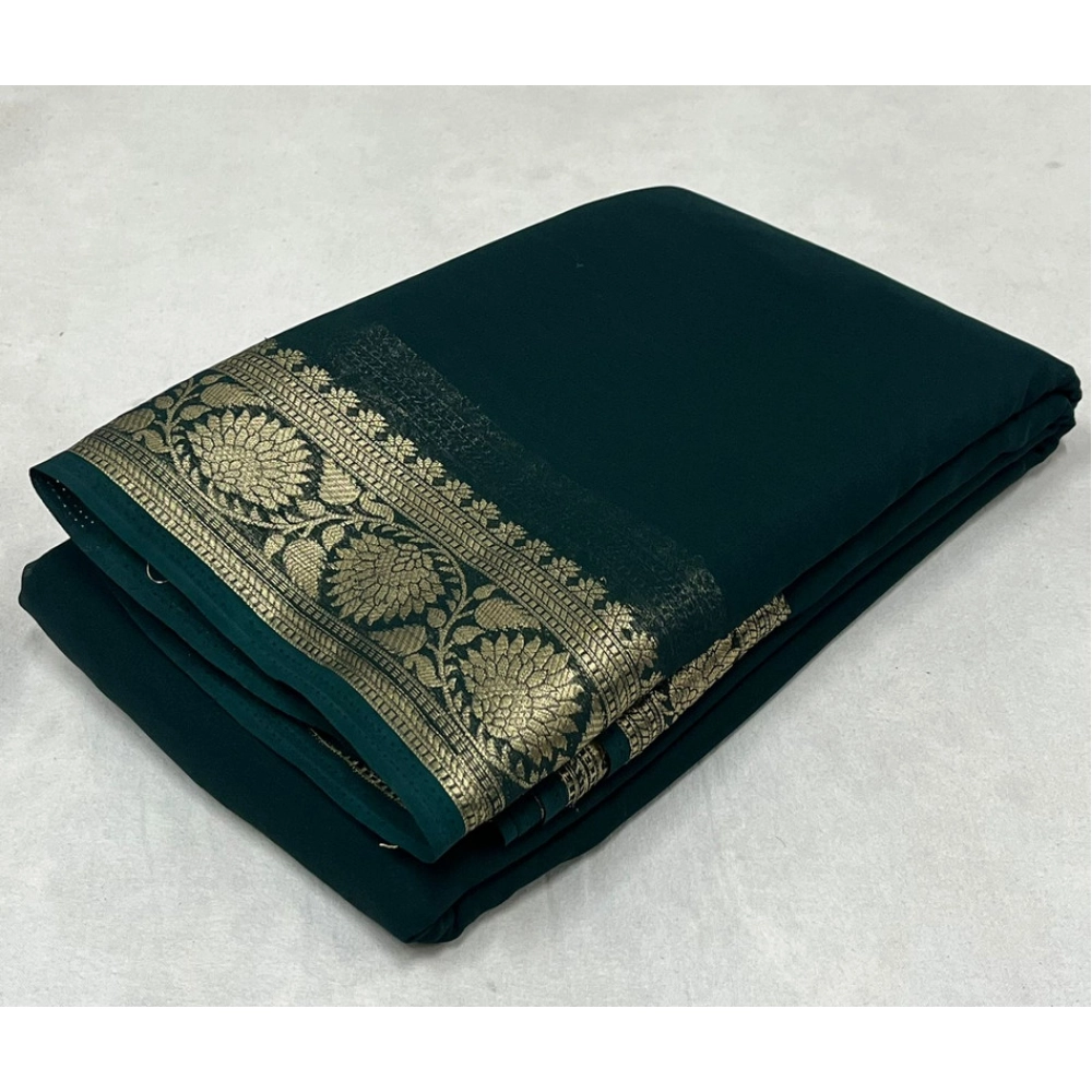 generic women's crepe chit pallu solid saree with unstitched blouse 5.5mtr (green)