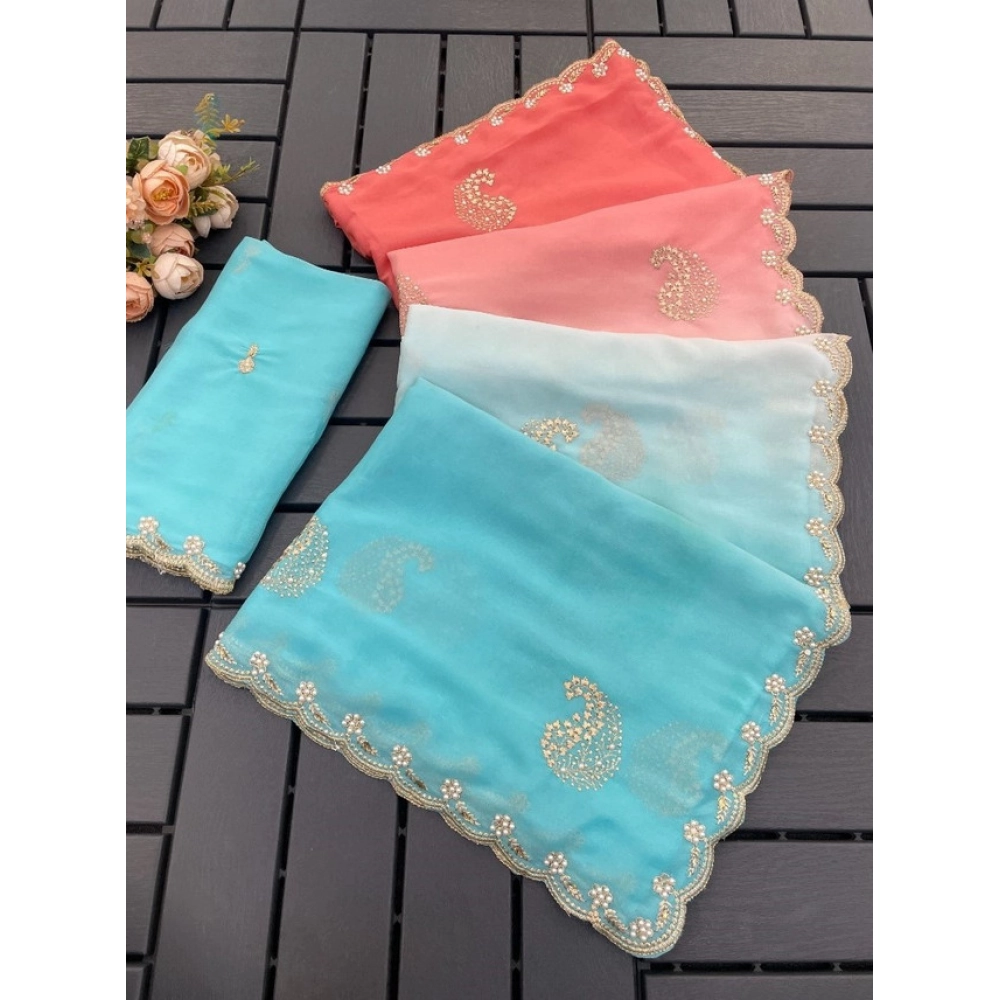 generic women's digital printed  geogette saree with unstitched blouse (blue, 5 6 mtrs)