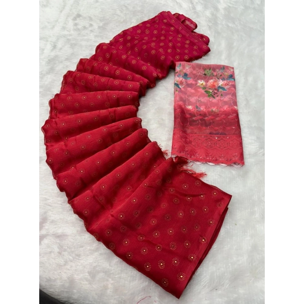 generic women's printed brasso saree with unstitched blouse (red, 5 6 mtrs)