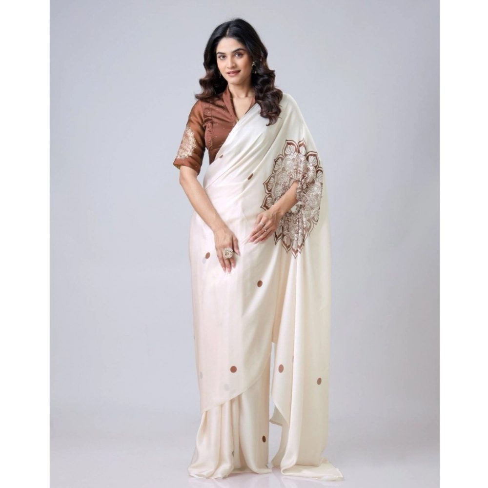 generic women's soft crepe silk printed ready to wear saree with unstitched blouse 5.5mtr (off white)