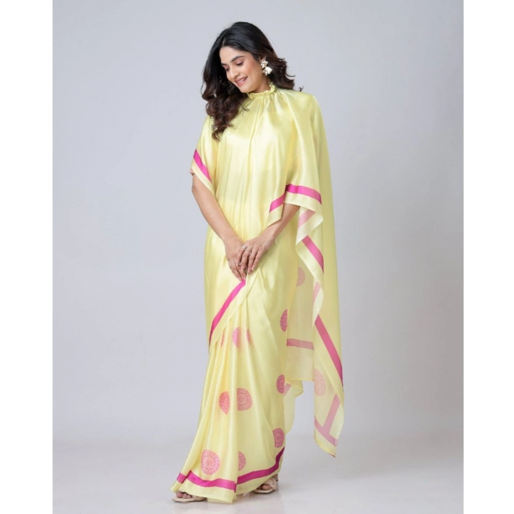 generic women's soft crepe silk printed ready to wear saree with unstitched blouse 5.5mtr (light yellow)