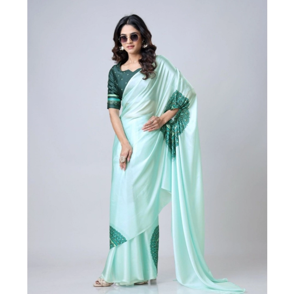 generic women's soft crepe silk printed ready to wear saree with unstitched blouse 5.5mtr (green)