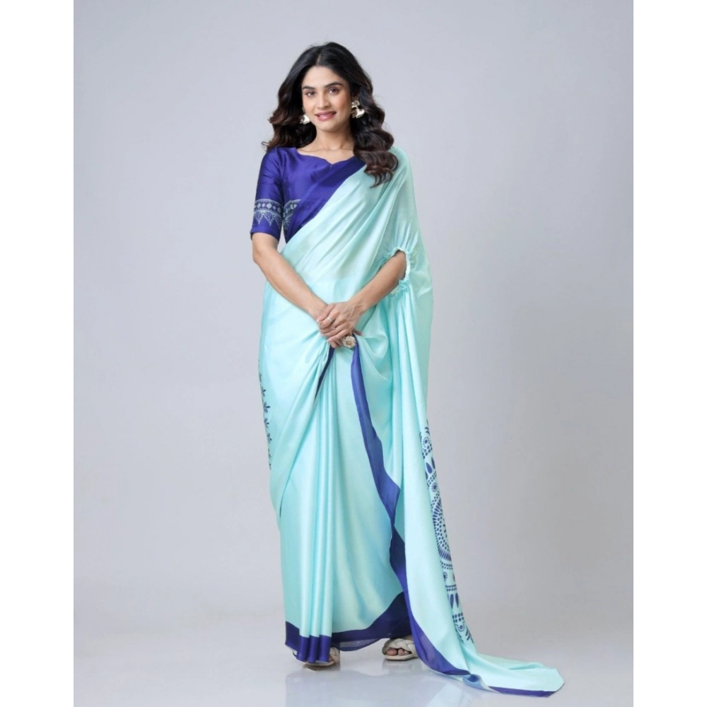 generic women's soft crepe silk printed ready to wear saree with unstitched blouse 5.5mtr (turquoise)