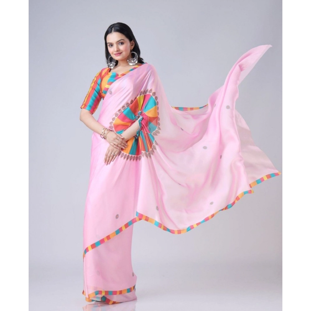 generic women's soft crepe silk printed ready to wear saree with unstitched blouse 5.5mtr (pink)