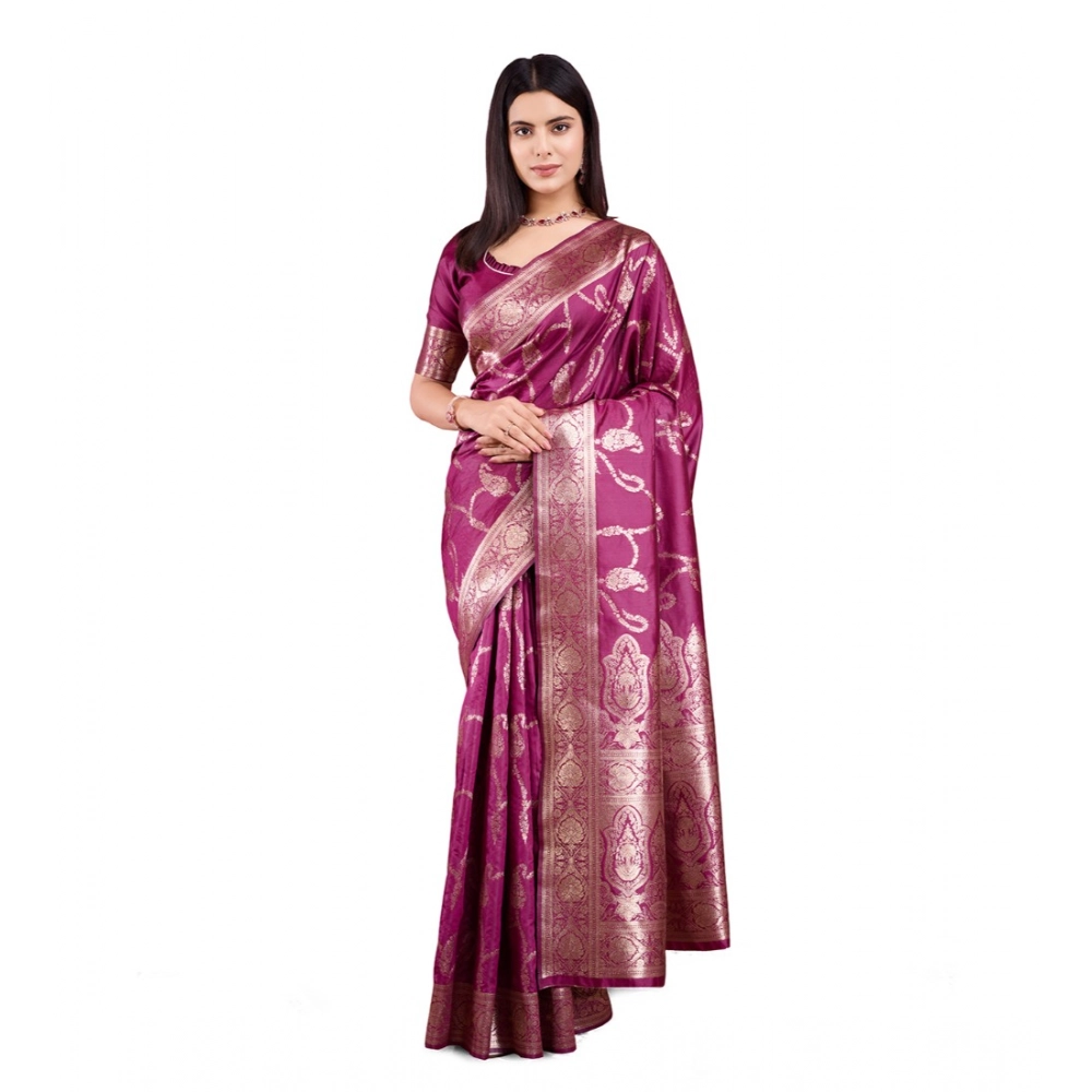 generic women's banarasi silk printed saree with unstitched blouse 5.5mtr (wine)