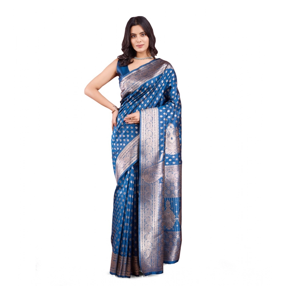 generic women's banarasi silk printed saree with unstitched blouse 5.5mtr (pinch)