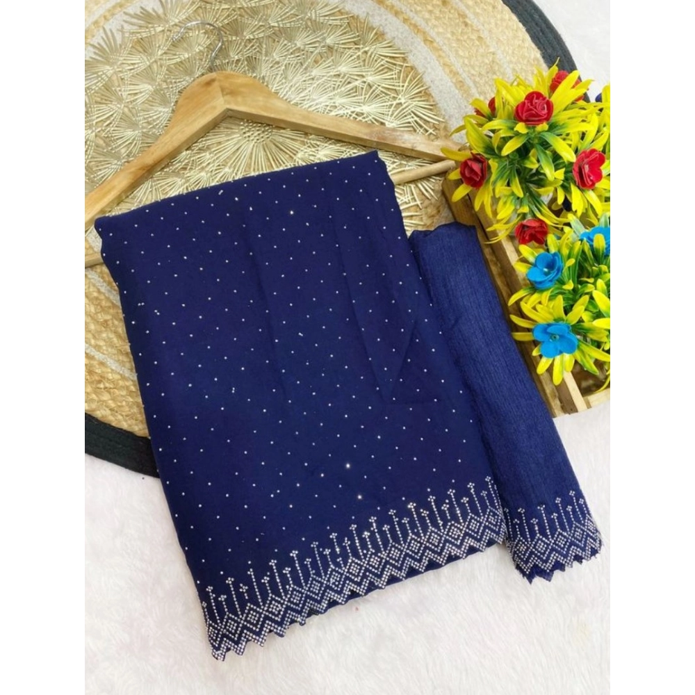 generic women's georgette stone work saree with unstitched blouse 5.5mtr (blue)