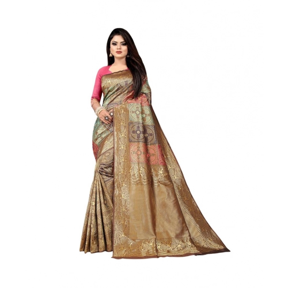 generic women's soft lichi silk printed saree with unstitched blouse 5.5mtr (gold)