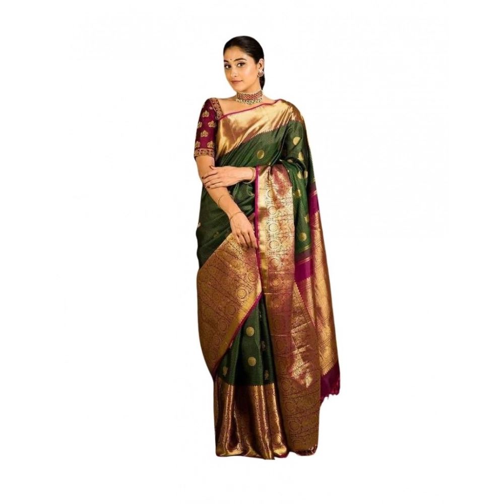 generic women's soft lichi silk printed saree with unstitched blouse 5.5mtr (green)