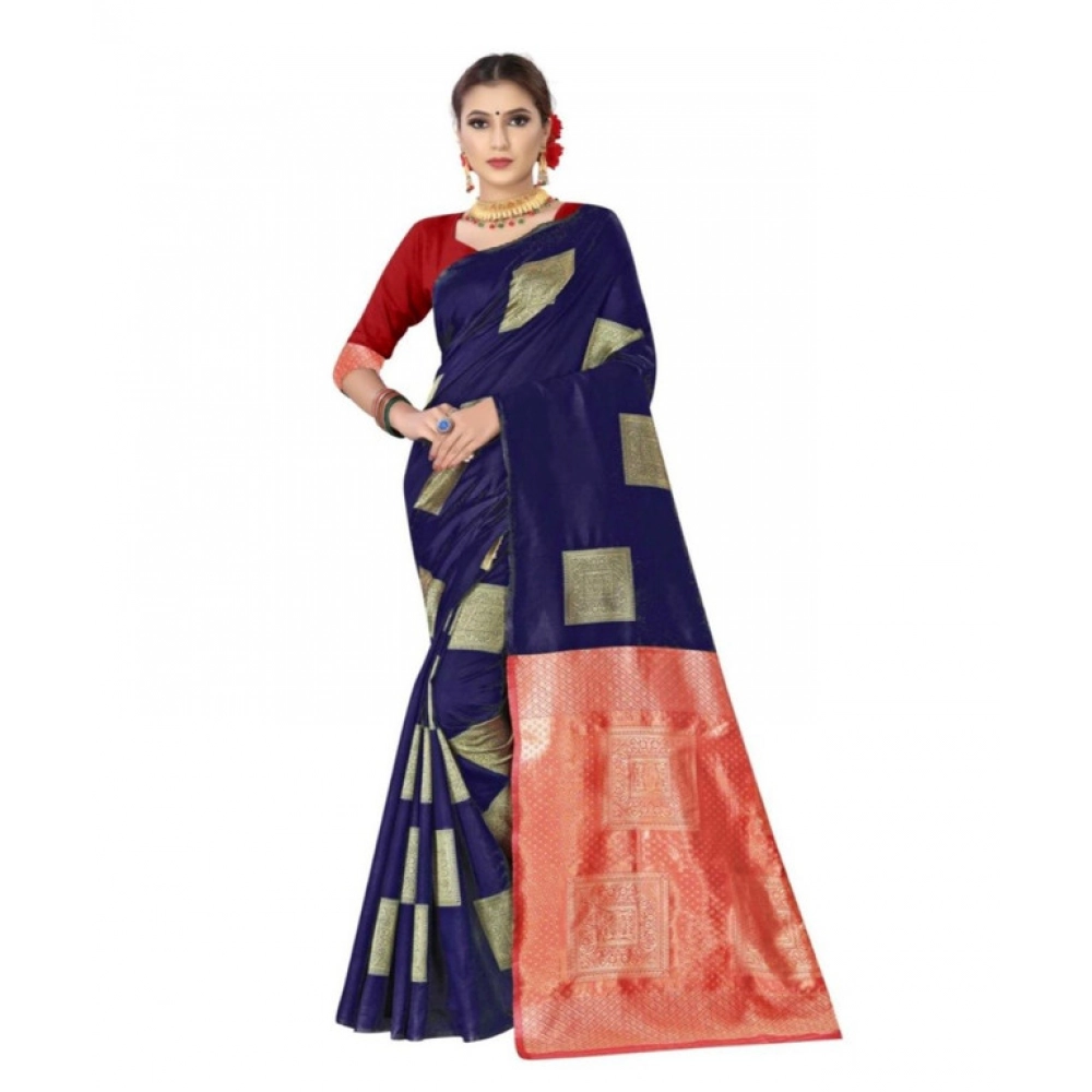 generic women's soft lichi silk printed saree with unstitched blouse 5.5mtr (blue)