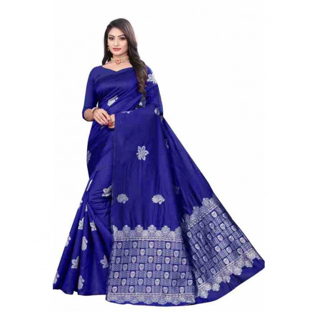 generic women's soft lichi silk printed saree with unstitched blouse 5.5mtr (blue)