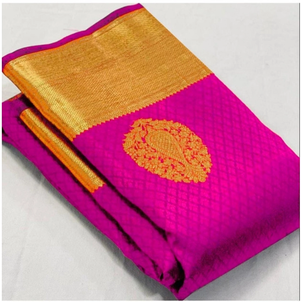 generic women's soft lichi silk printed saree with unstitched blouse 5.5mtr (pink)