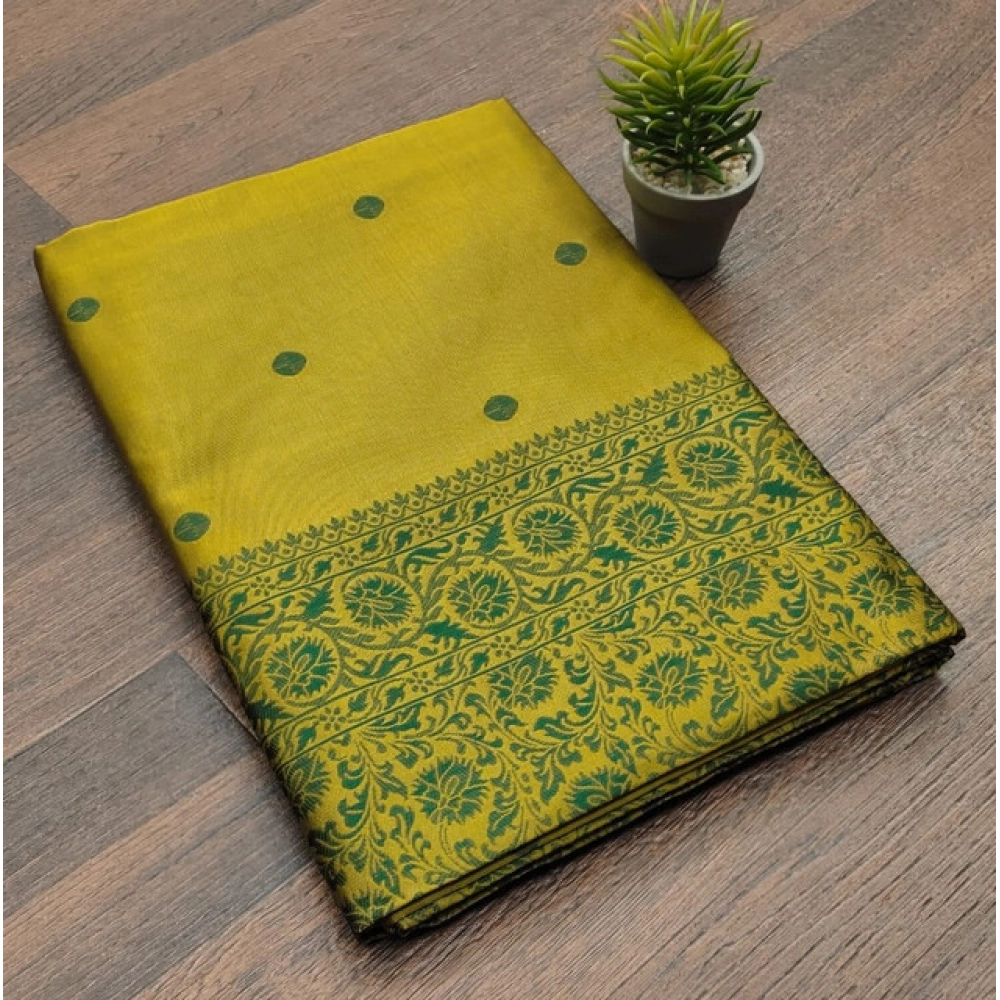 generic women's soft lichi silk printed saree with unstitched blouse 5.5mtr (green)