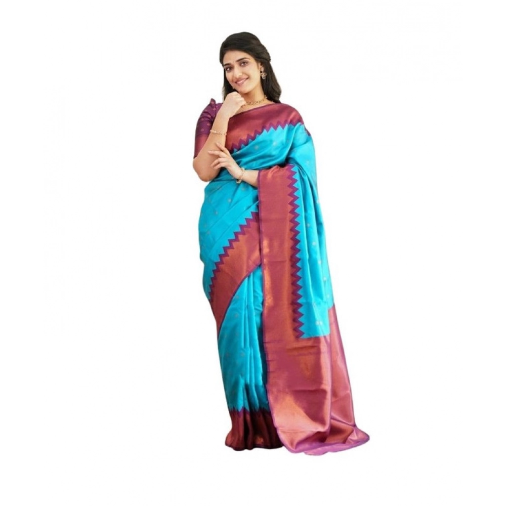generic women's soft lichi silk printed saree with unstitched blouse 5.5mtr (sky blue)