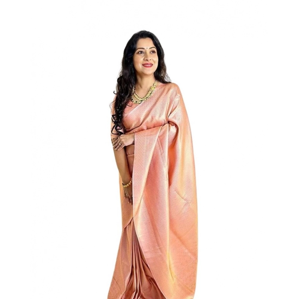 generic women's soft lichi silk printed saree with unstitched blouse 5.5mtr (peach)