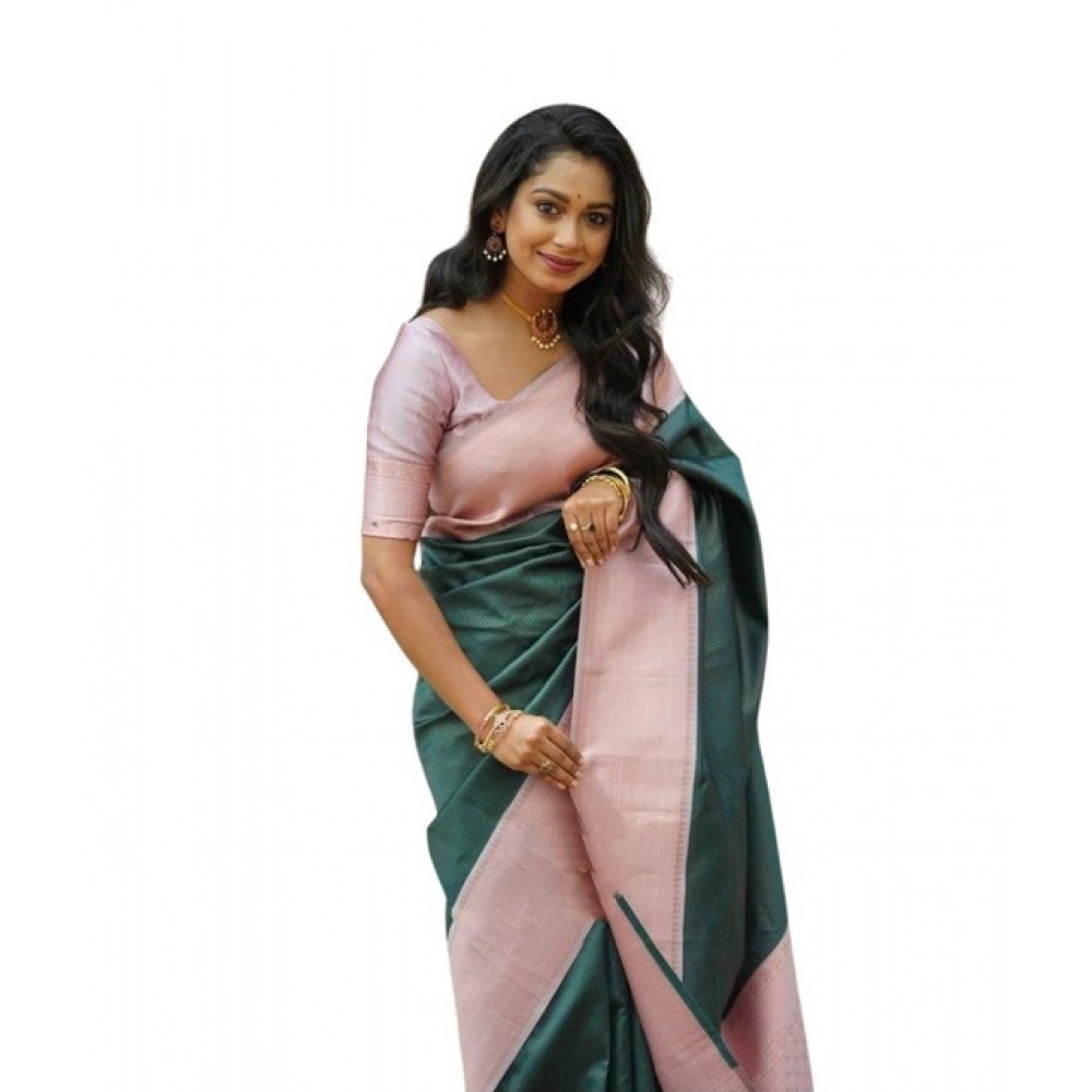 generic women's soft lichi silk printed saree with unstitched blouse 5.5mtr (green)