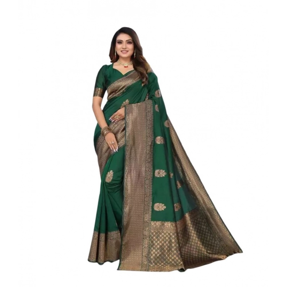generic women's soft lichi silk printed saree with unstitched blouse 5.5mtr (green)