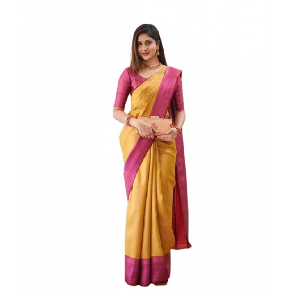 generic women's soft lichi silk printed saree with unstitched blouse 5.5mtr (mustard )