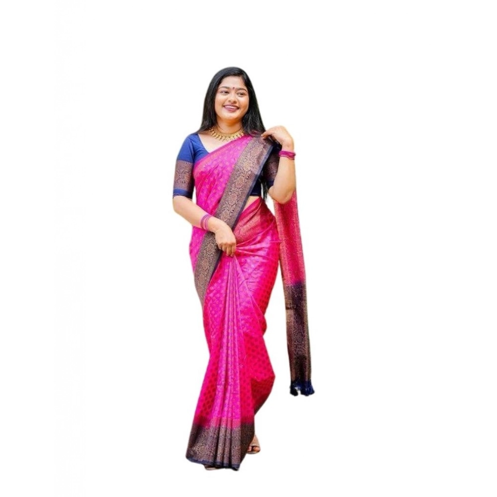 generic women's soft lichi silk printed saree with unstitched blouse 5.5mtr (pink)
