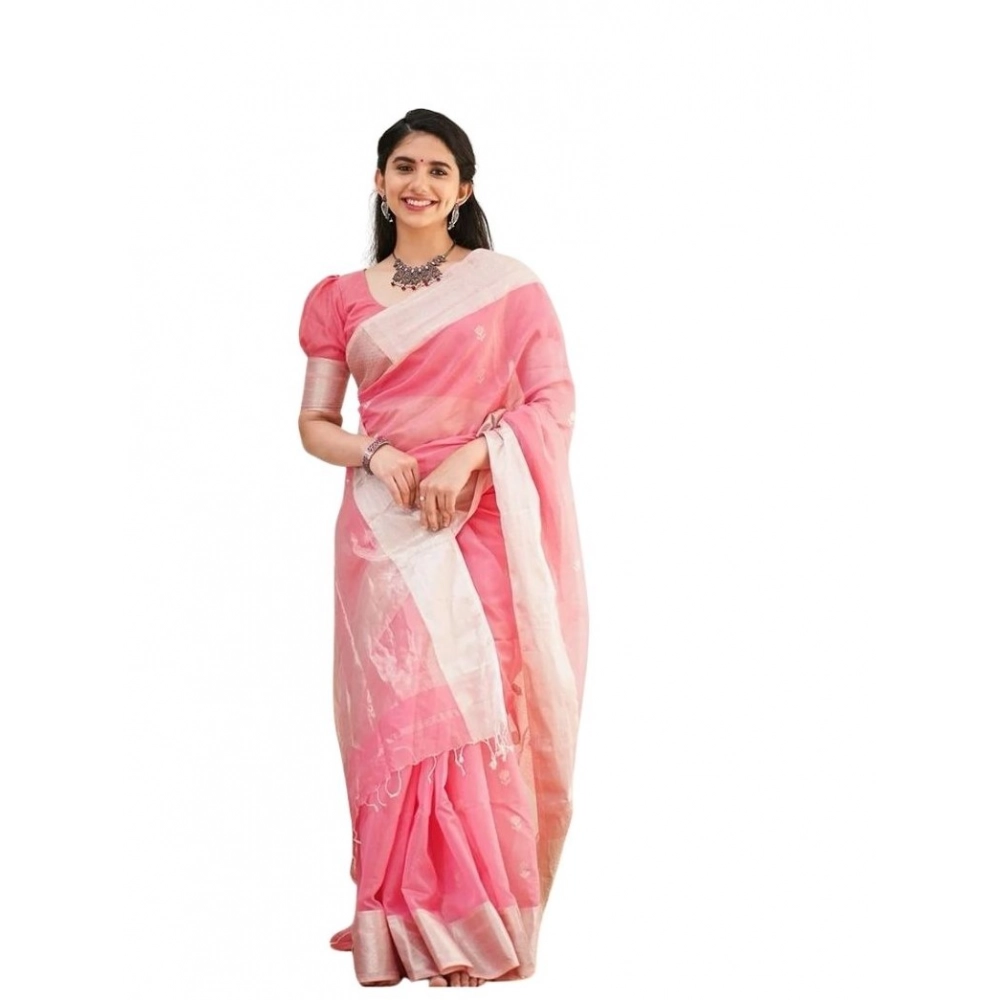 generic women's soft lichi silk printed saree with unstitched blouse 5.5mtr (pink)