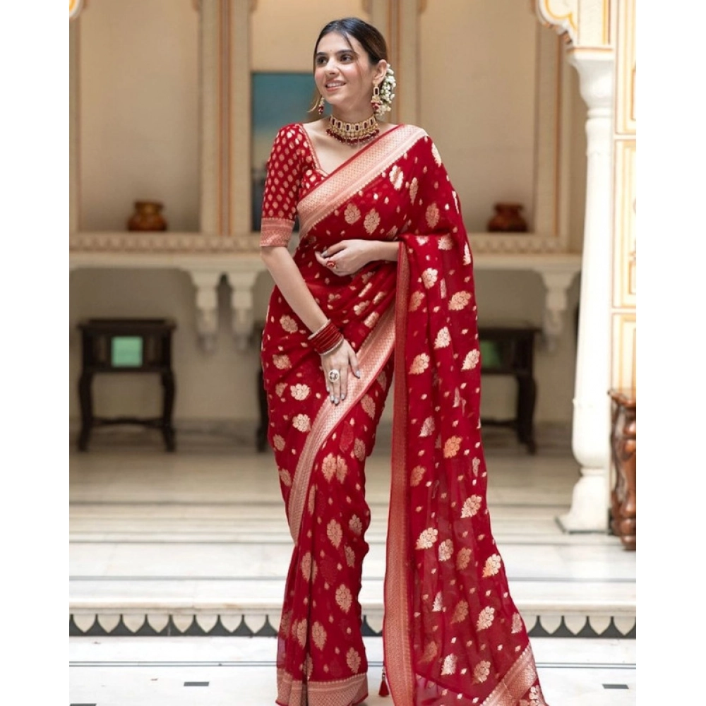 generic women's soft lichi silk printed saree with unstitched blouse 5.5mtr (red)