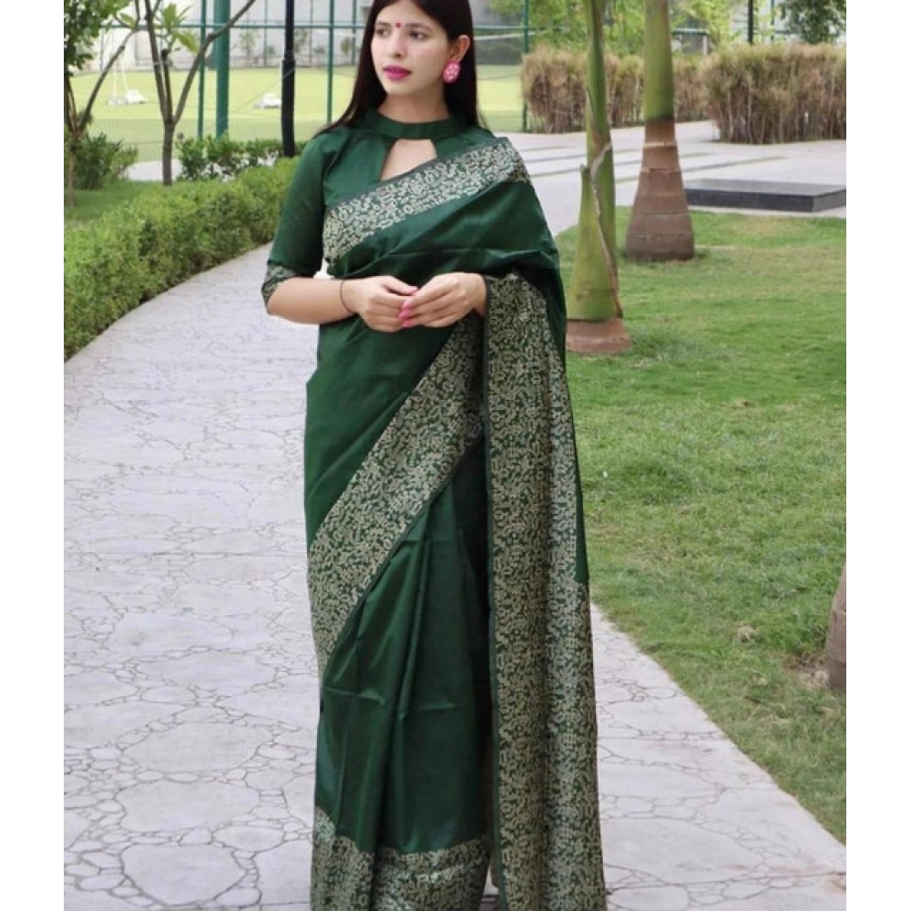 generic women's soft lichi silk printed saree with unstitched blouse 5.5mtr (green)