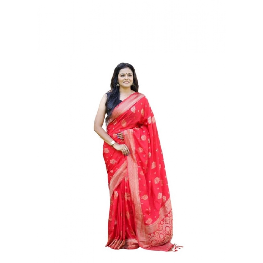 generic women's soft lichi silk printed saree with unstitched blouse 5.5mtr (red)