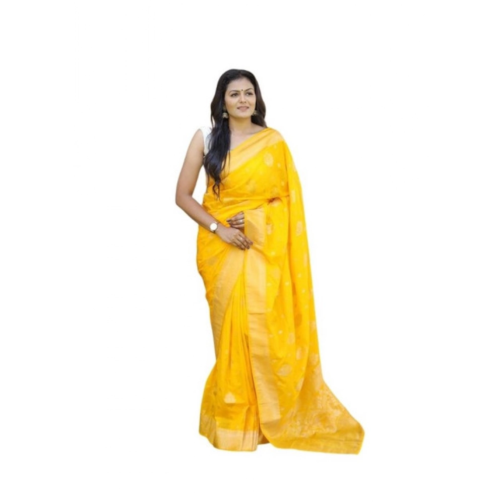 generic women's soft lichi silk printed saree with unstitched blouse 5.5mtr (yellow)