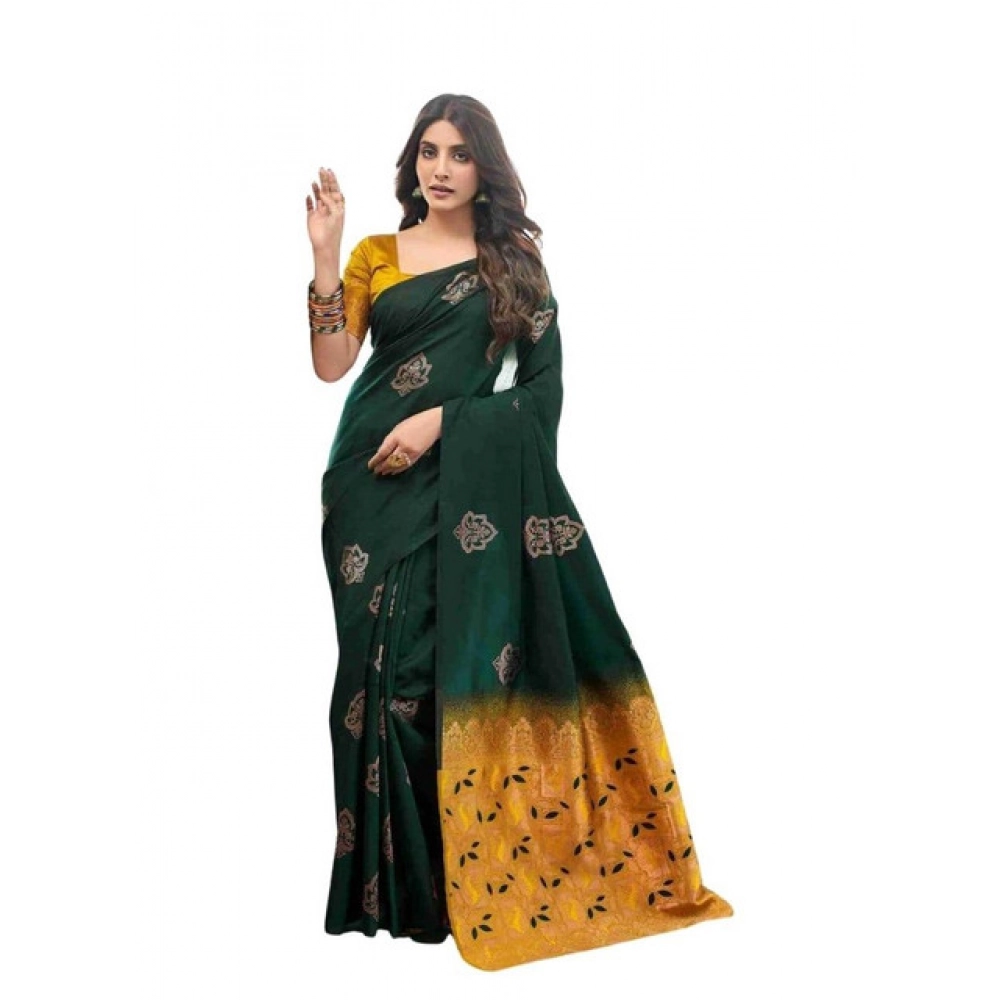generic women's soft lichi silk printed saree with unstitched blouse 5.5mtr (green)