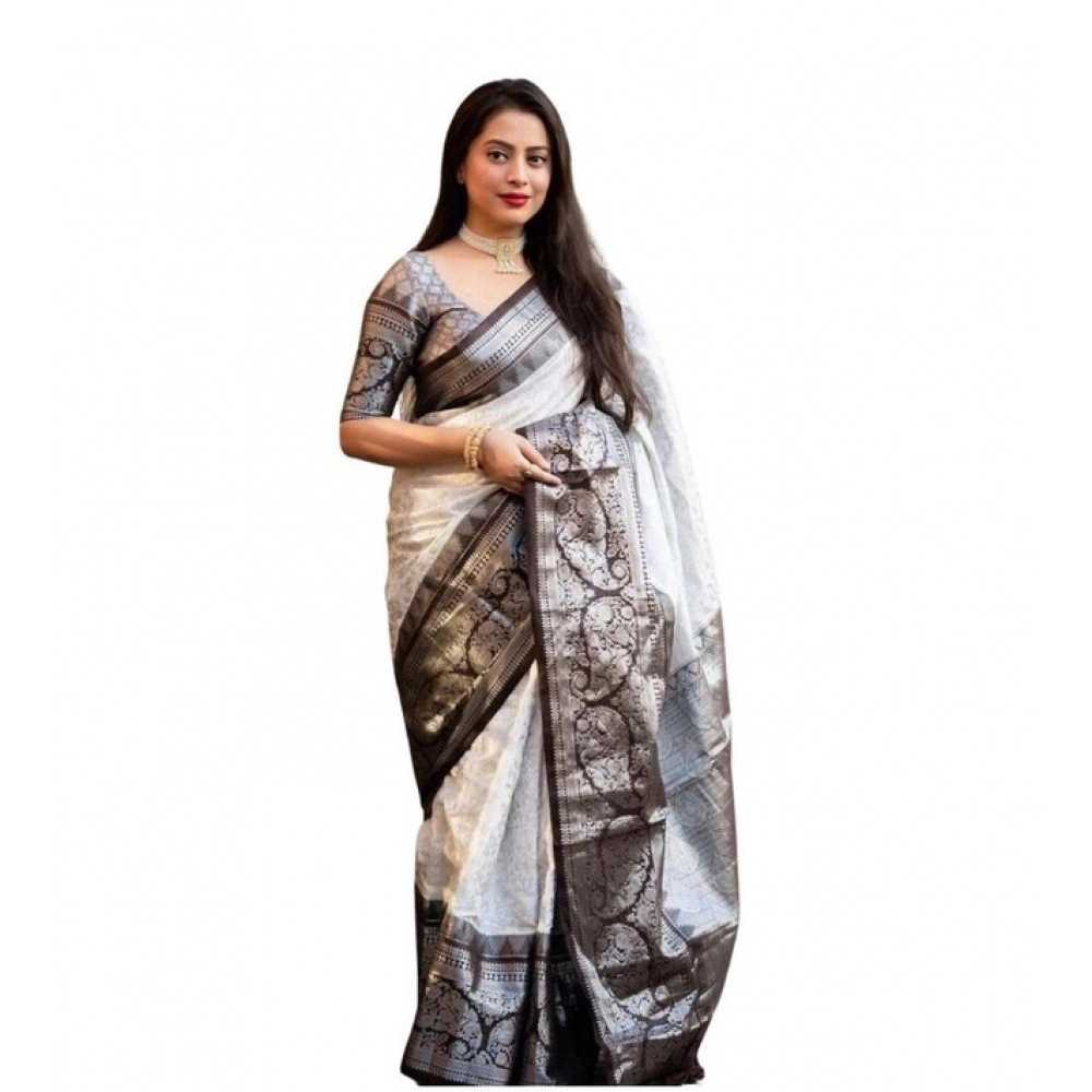 generic women's soft lichi silk printed saree with unstitched blouse 5.5mtr (off white)