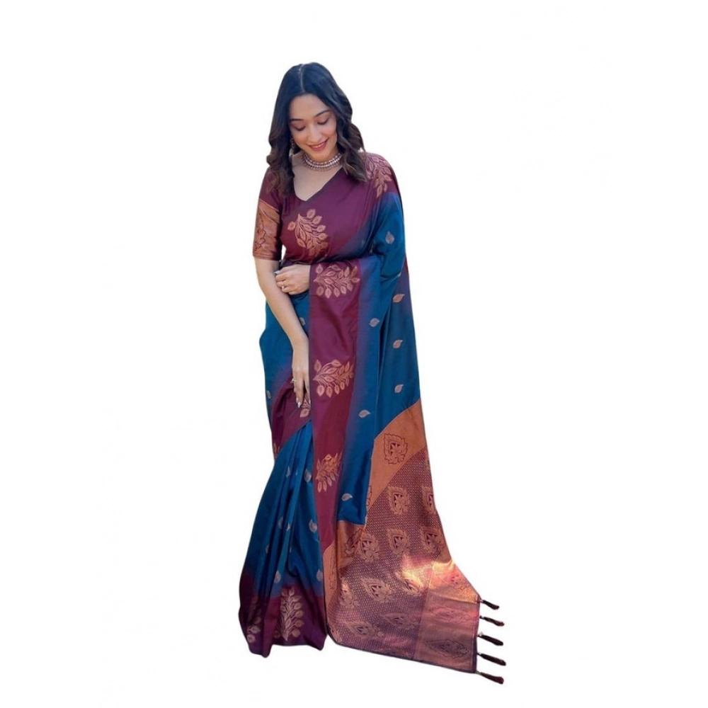 generic women's soft lichi silk printed saree with unstitched blouse 5.5mtr (blue)